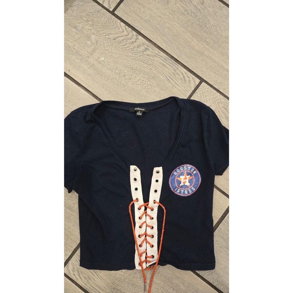 Ambiance Houston Astros Lace Up Crop Top Navy Blue Small MLB Fan Gear Tee